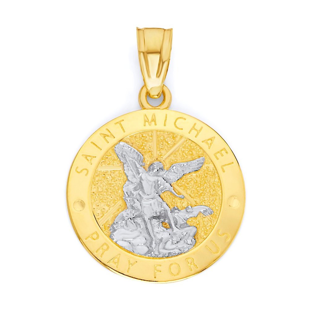 10k Solid Two-Tone Gold Saint Michael Pendant - Protection Religious Jewelry